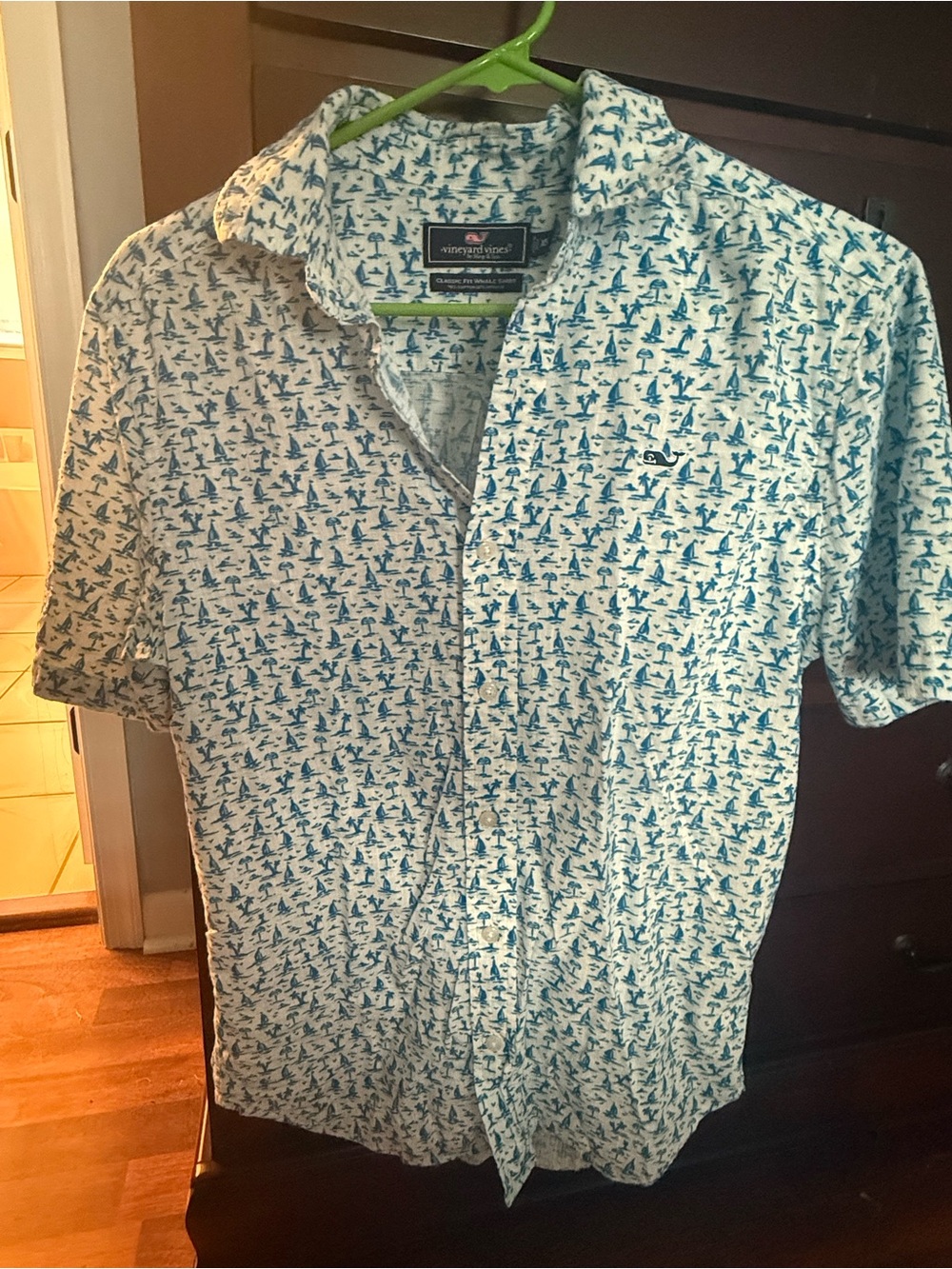 Vineyard Vines White Shirt with Blue Sailboat Print